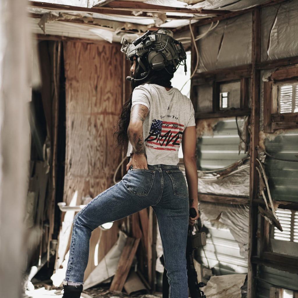 Land of the free, home of the brave Women's Crop Tee- Heather Grey/Red